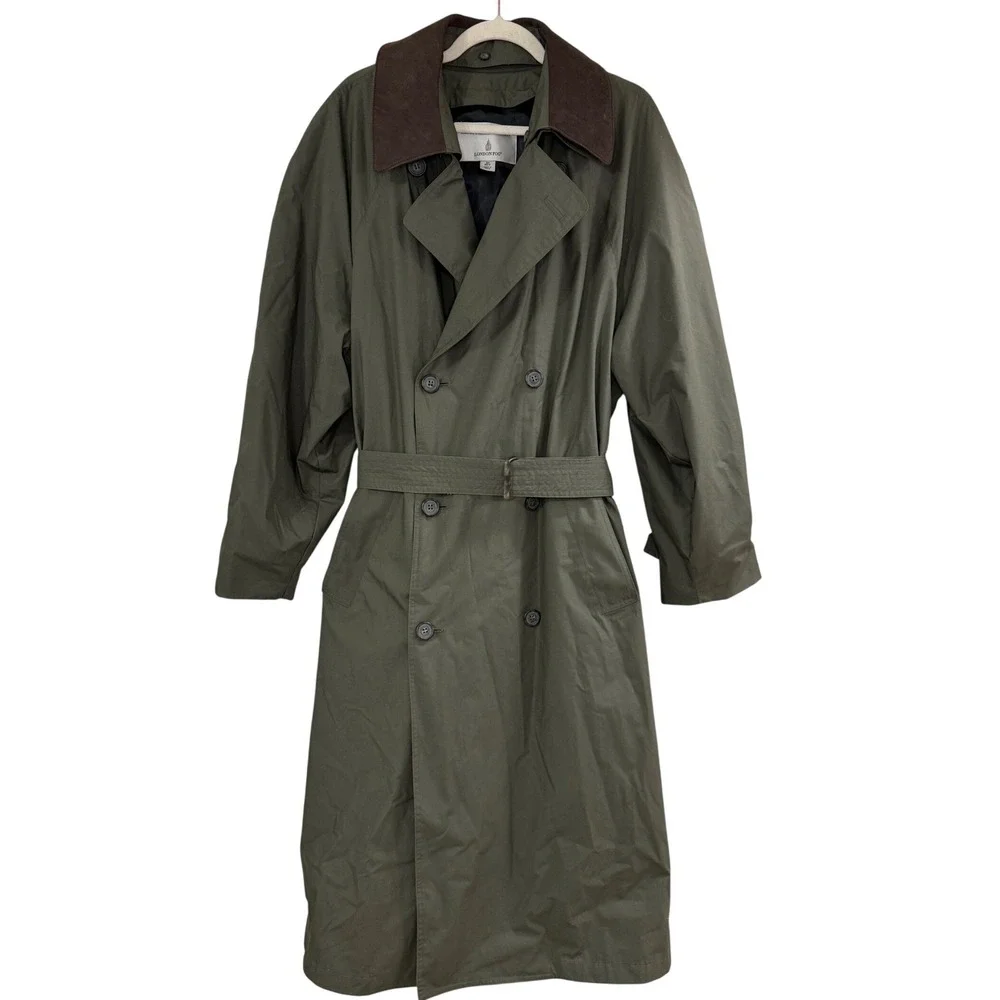 London Fog Limited Edition Trench Coat 38 Reg Olive Green Belted Leather Collar